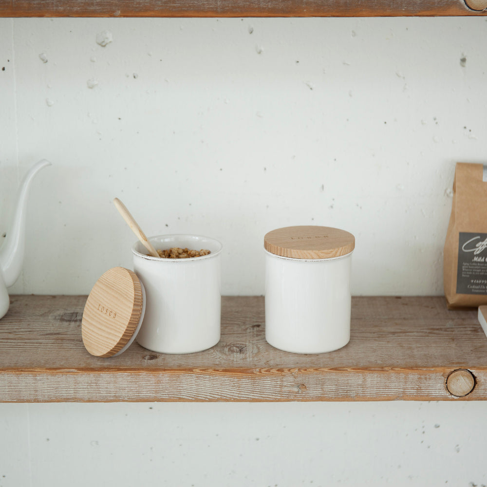 Boîte ronde en céramique avec couvercle en bois