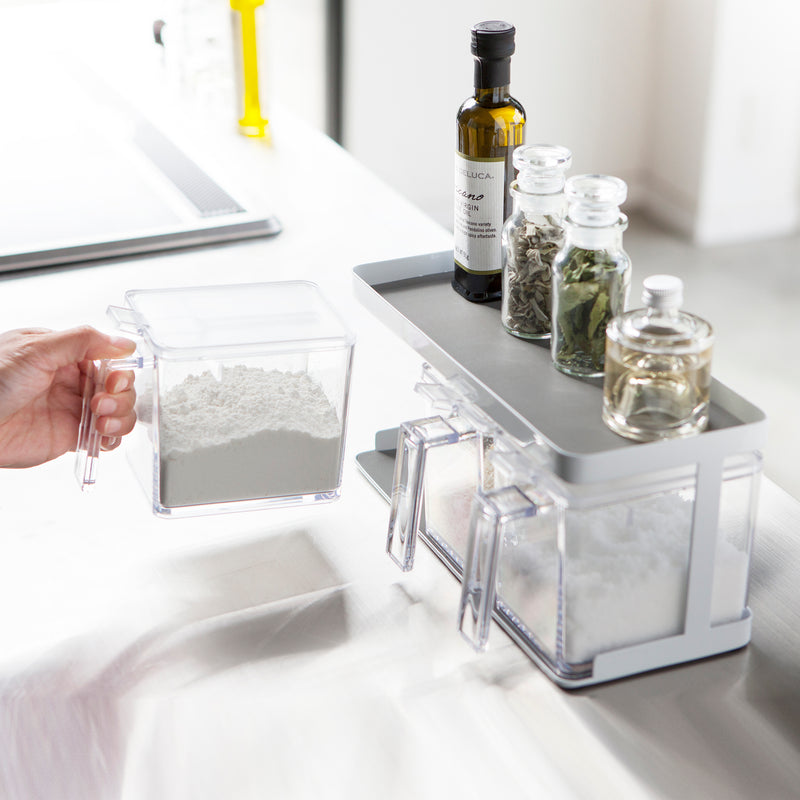 Set di 3 contenitori portaspezie con supporto in acciaio