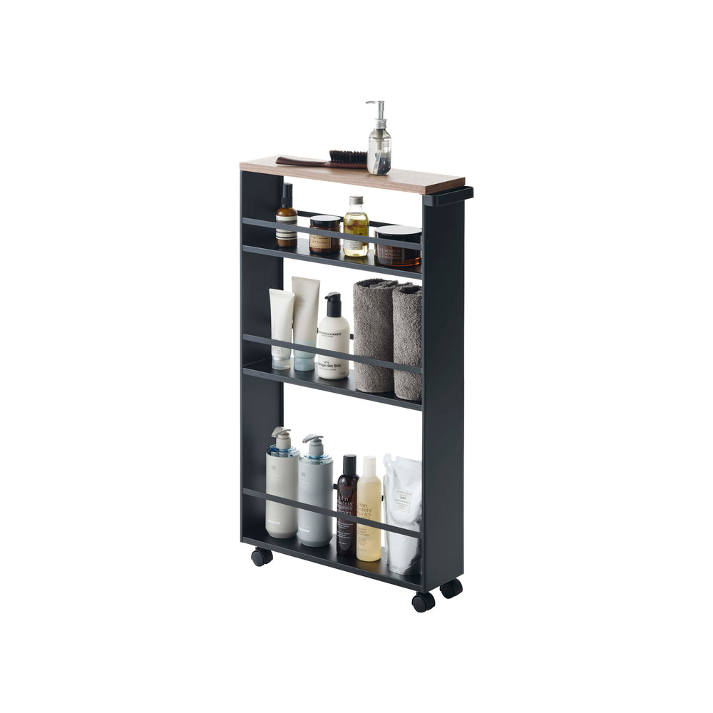Desserte Étroite à Roulettes 4 Niveaux - Chariot De Rangement Cuisine Et Salle De Bain Avec Plateau Bois