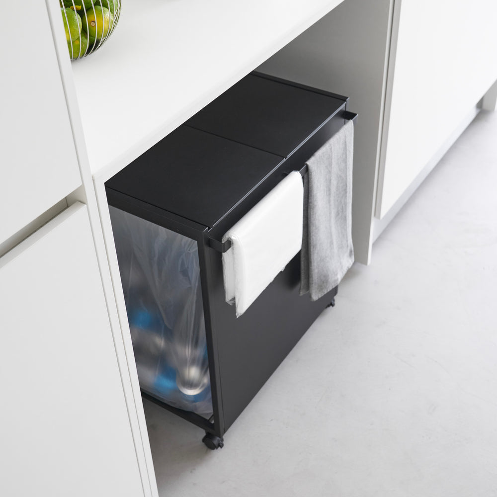 Yamazaki TOWER Mülleimer Mit 3 Fächern – Schwarz, 76x44x60 Cm, Mit Rollen | Minimalistisch, Platzsparend