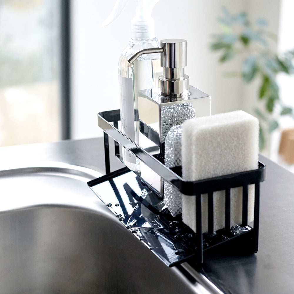 Porte Éponge Évier Cuisine INOX Noir - Support Rangement Vaisselle Avec Égouttoir - Organisateur Évier Pratique
