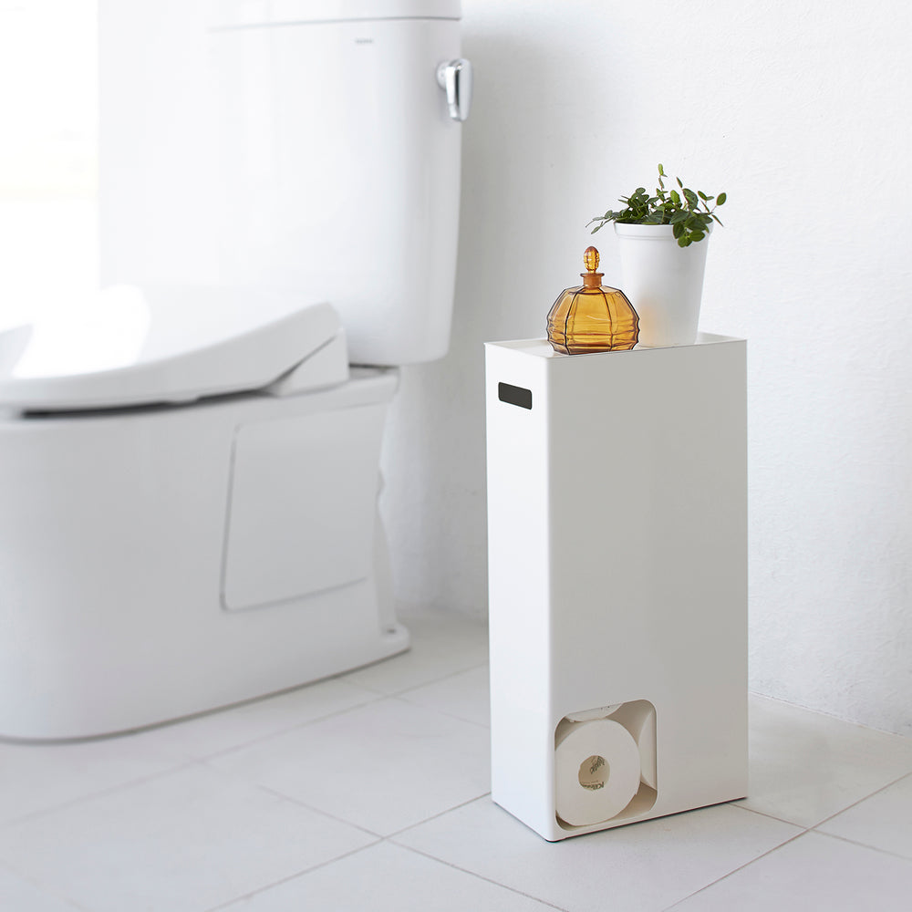 Wenko Portarotolo di Scorta 2 in 1 Gissi con Ripiano, Portarotolo di Carta Igienica da Pavimento per Massimo 3 Rotoli, con Superficie D'Appoggio Antiscivolo, in Acciaio Nero, 18 X 52 X 12