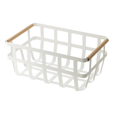 A white metal Yamazaki basket with wooden handles