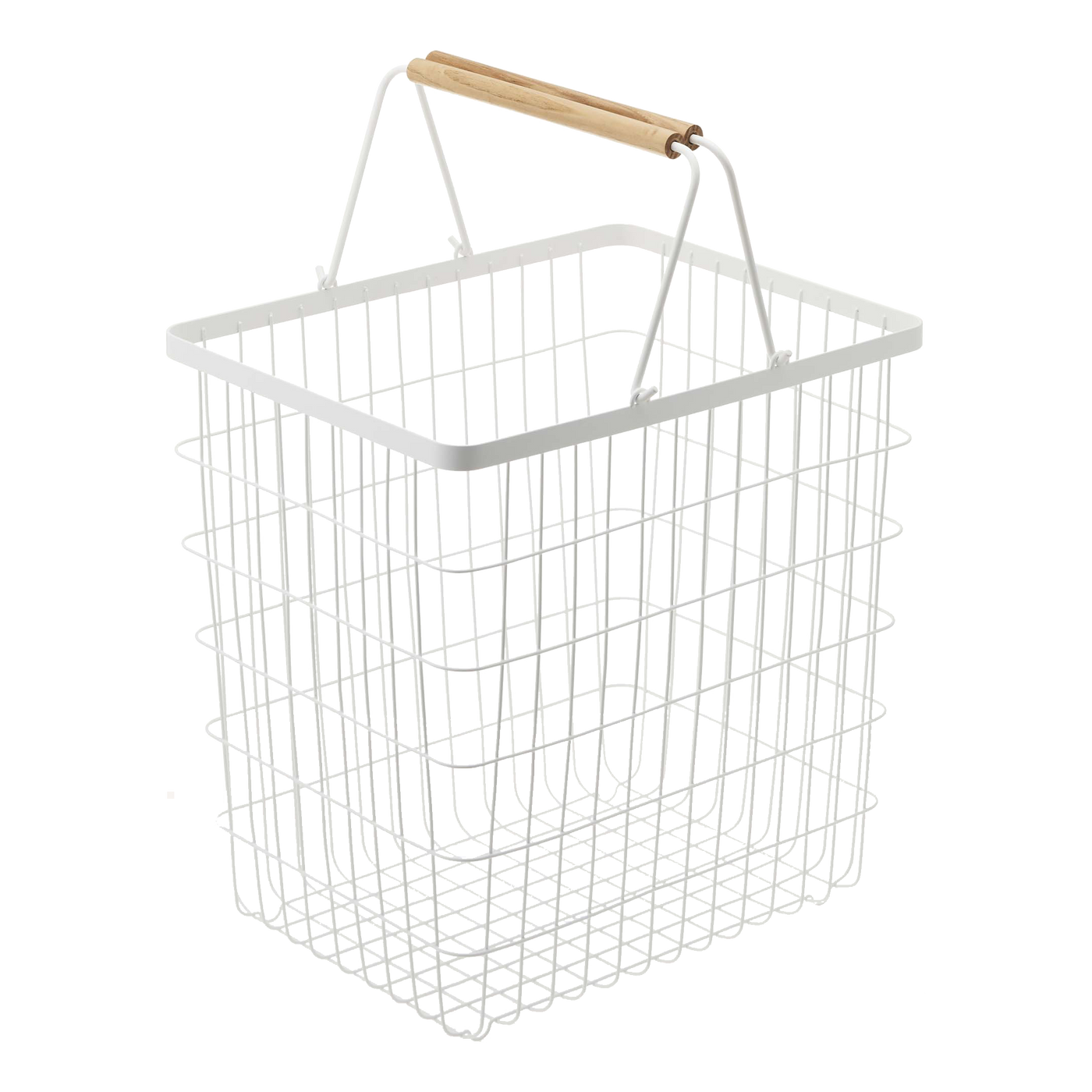 Yamazaki's tall white laundry basket with upright wooden handles.
