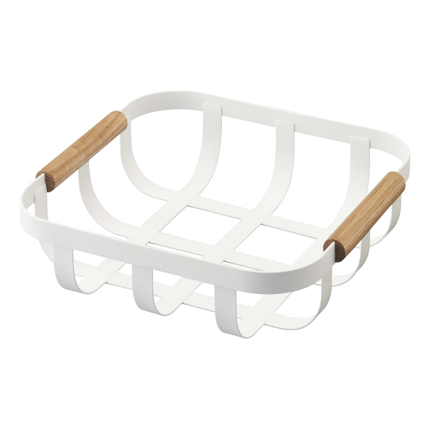 White metal basket with wood handles by Yamazaki